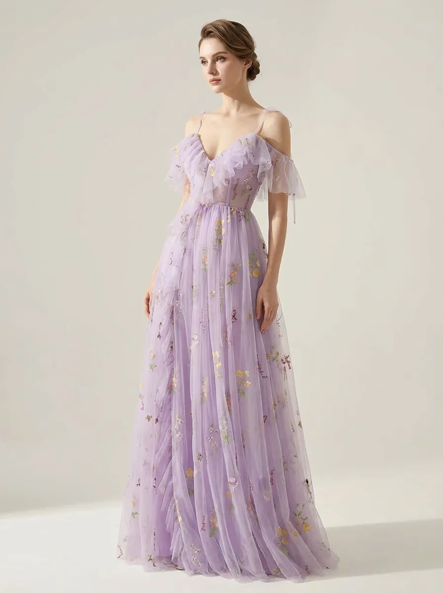 Lavender Embroidered A-Line Prom Dress V-Neck Gown with Slit