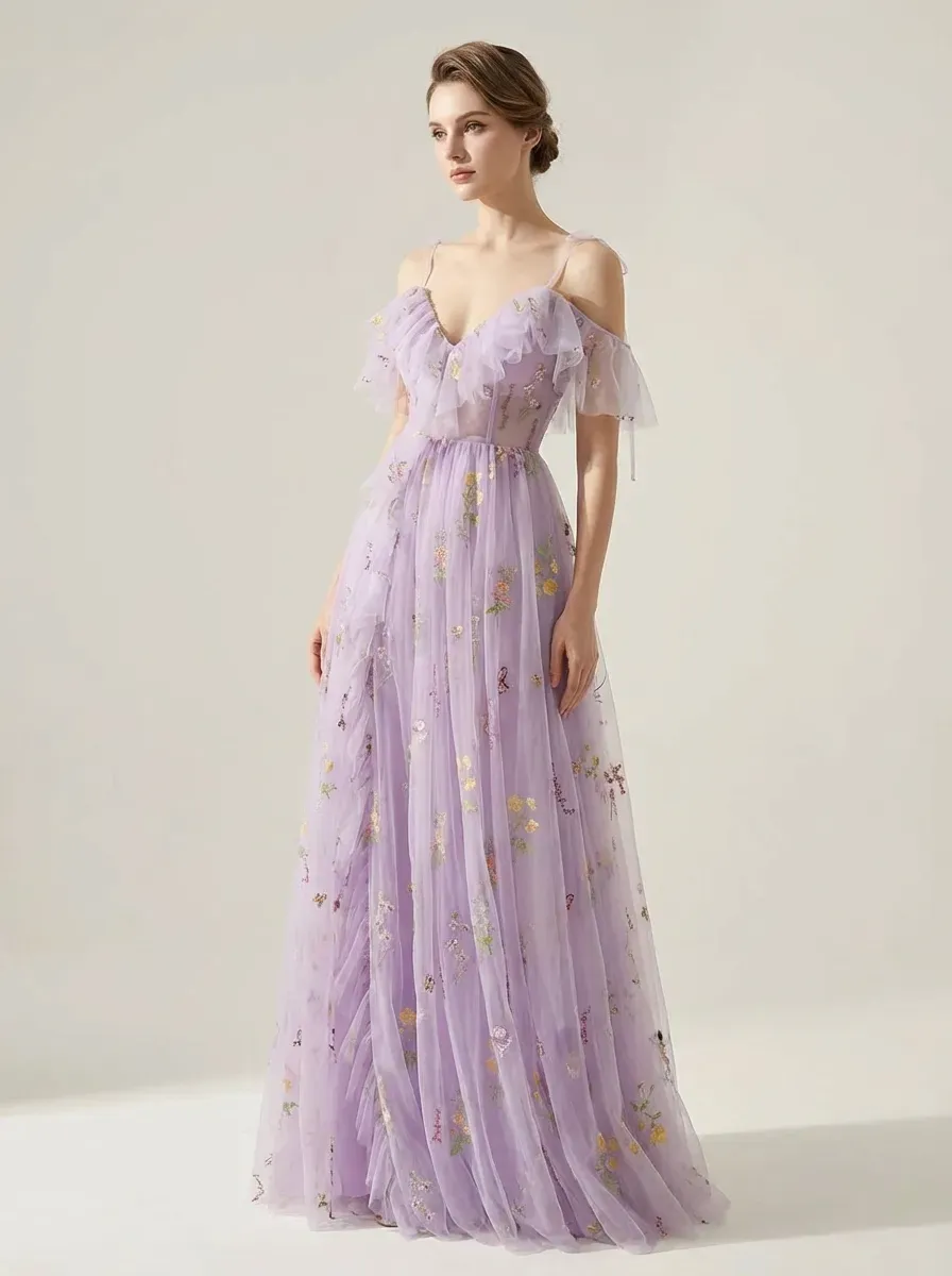 Lavender Embroidered A-Line Prom Dress V-Neck Gown with Slit