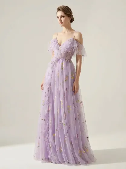 Lavender Embroidered A-Line Prom Dress V-Neck Gown with Slit