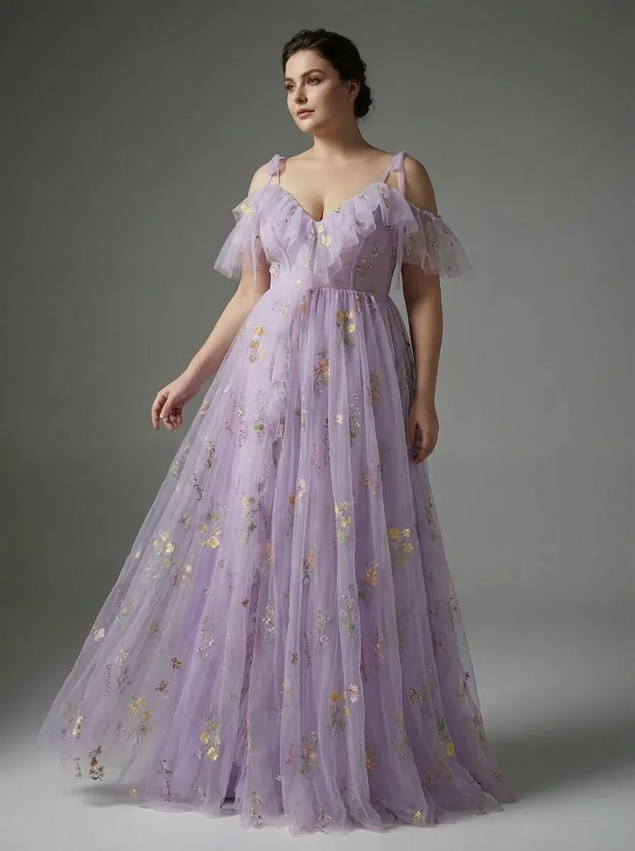 Lavender Embroidered A-Line Prom Dress V-Neck Gown with Slit