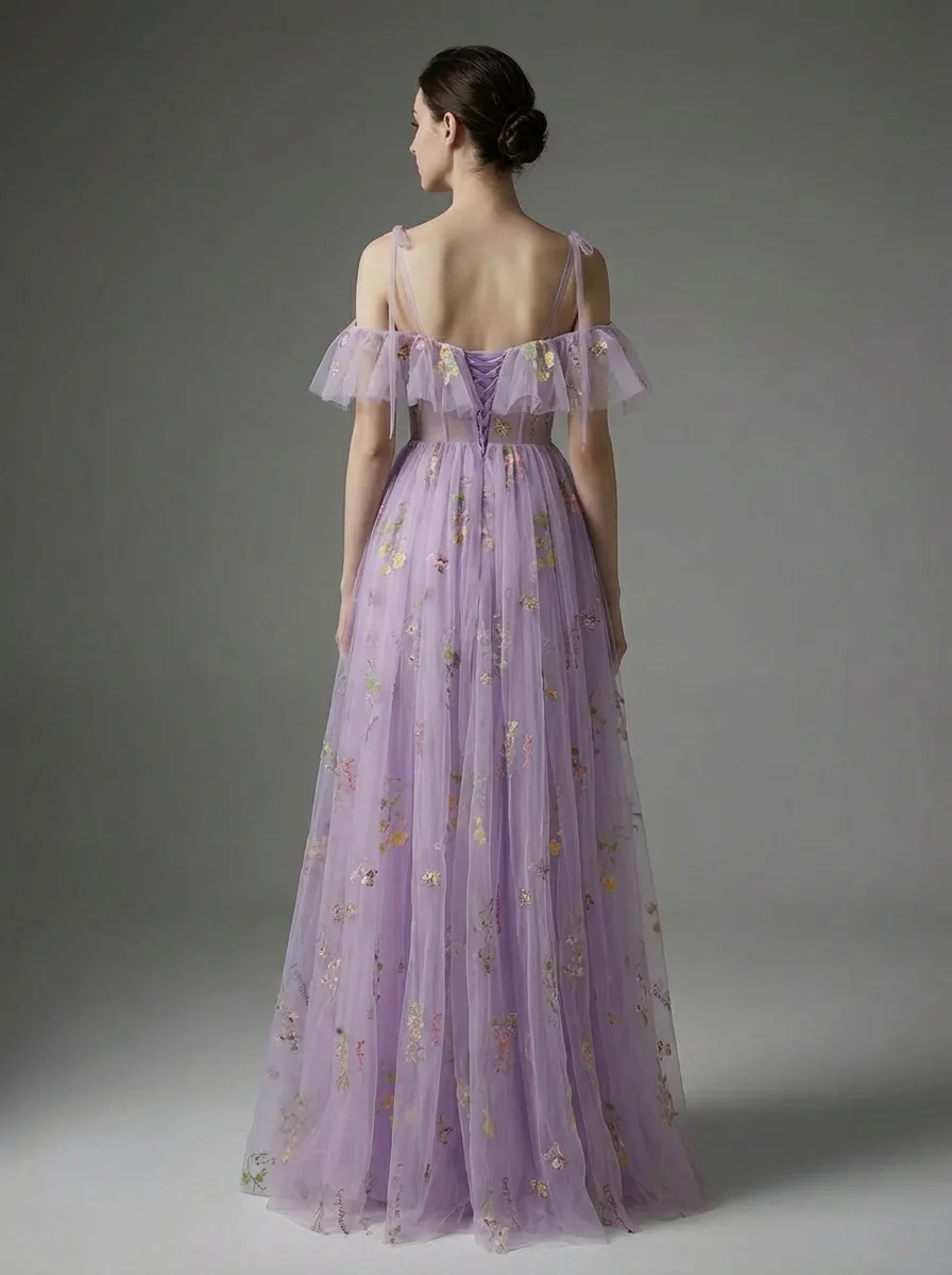 Lavender Embroidered A-Line Prom Dress V-Neck Gown with Slit
