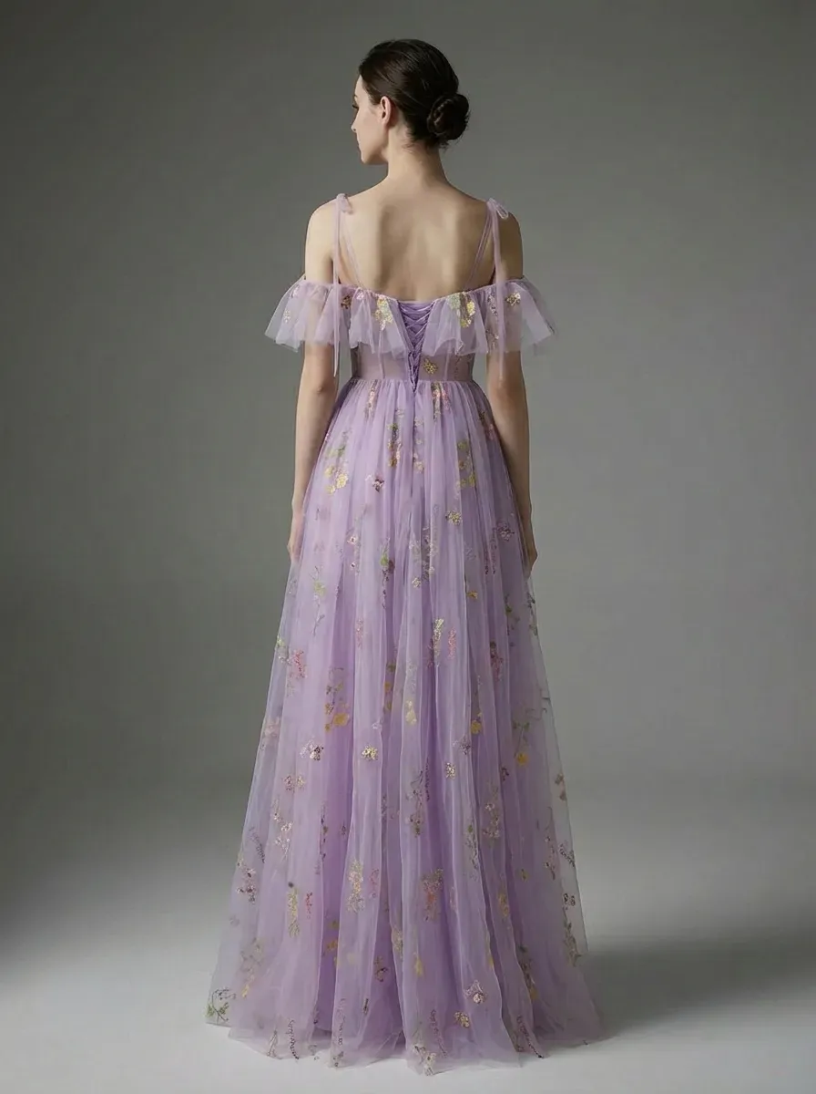 Lavender Embroidered A-Line Prom Dress V-Neck Gown with Slit