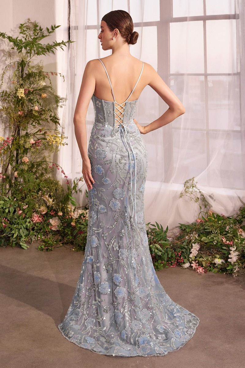 Mermaid Metallic Floral Lace-Up Corset Back Prom Gown A1393