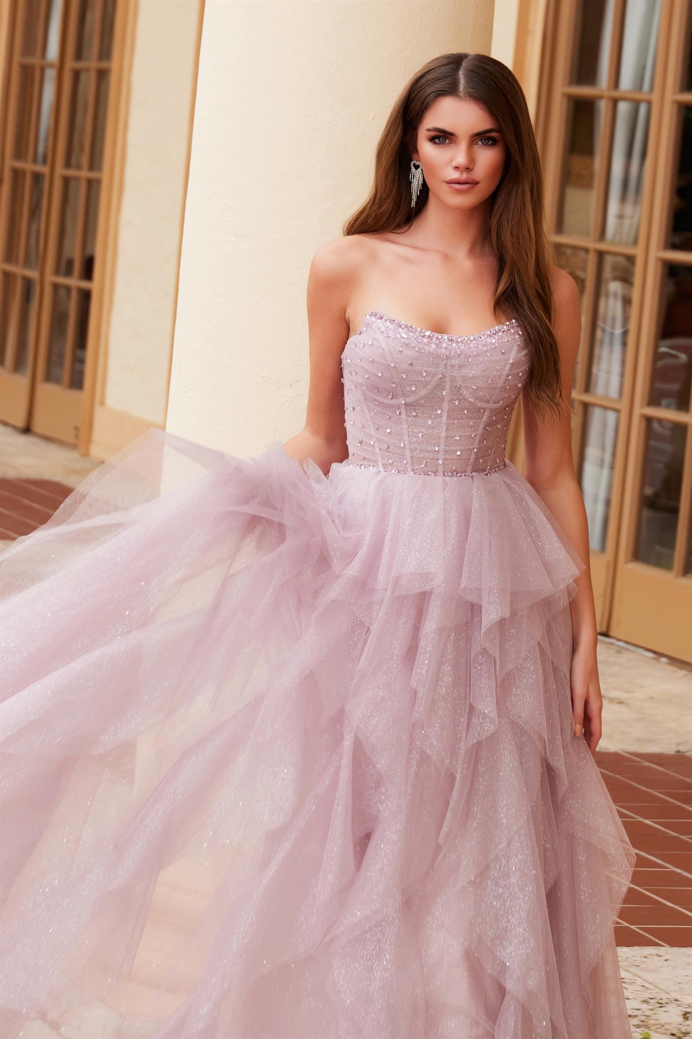 ENCHANTING A-LINE GLITTER-TULLE DRESS BONED BEADED STRAPLESS TOP A1591