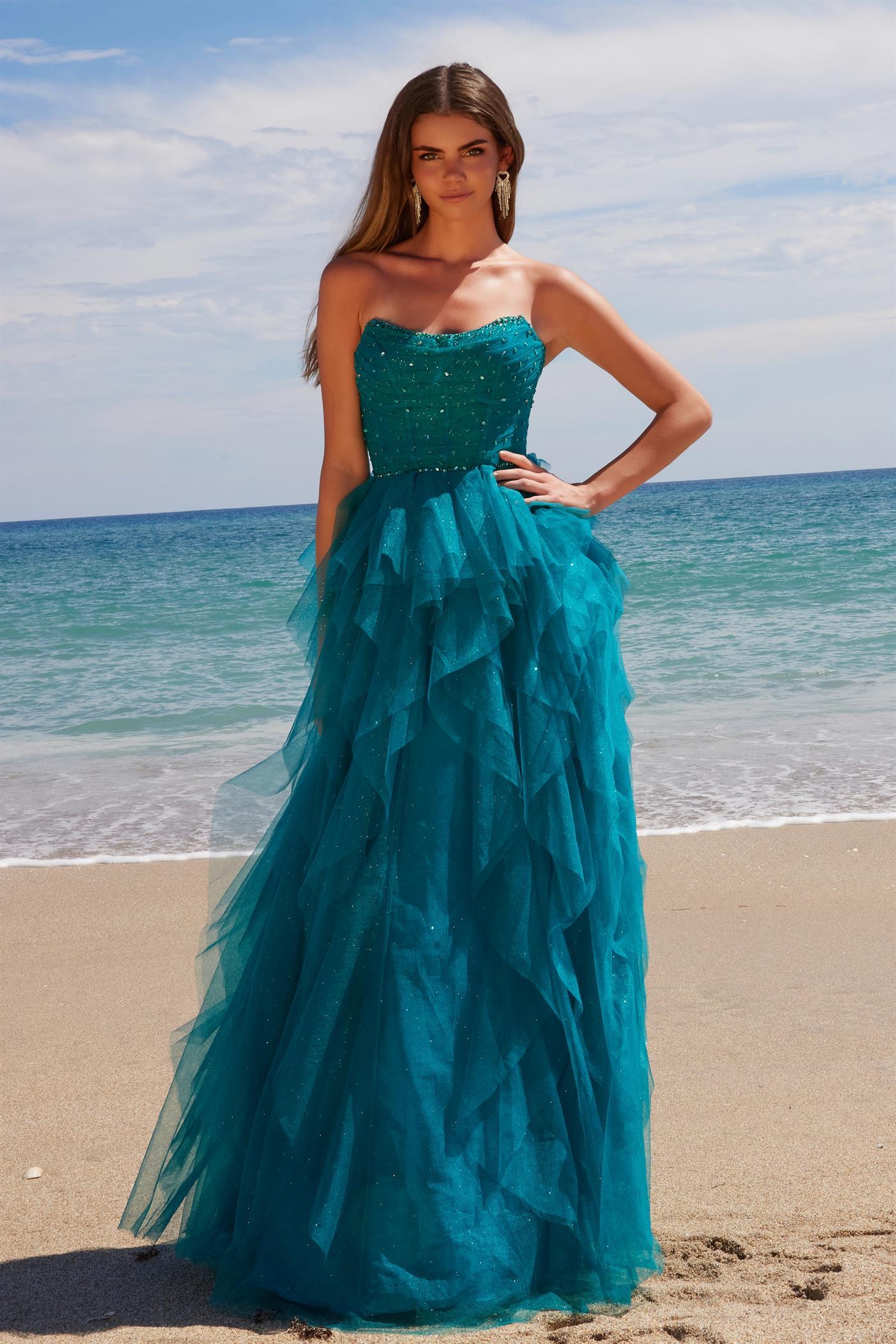 ENCHANTING A-LINE GLITTER-TULLE DRESS BONED BEADED STRAPLESS TOP A1591