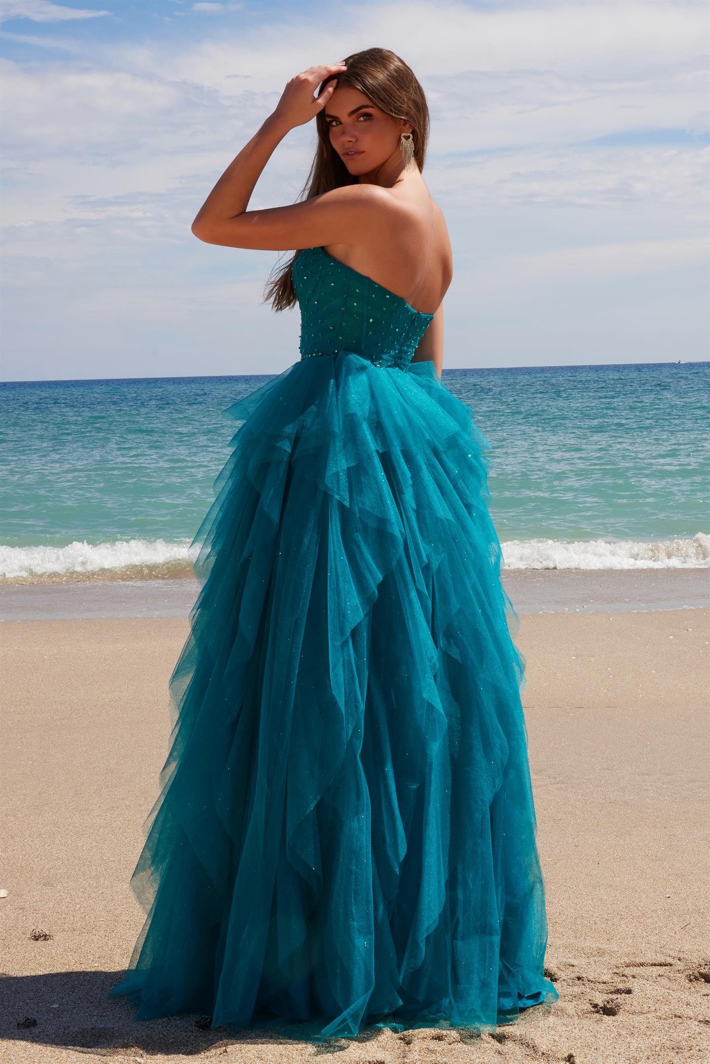 ENCHANTING A-LINE GLITTER-TULLE DRESS BONED BEADED STRAPLESS TOP A1591