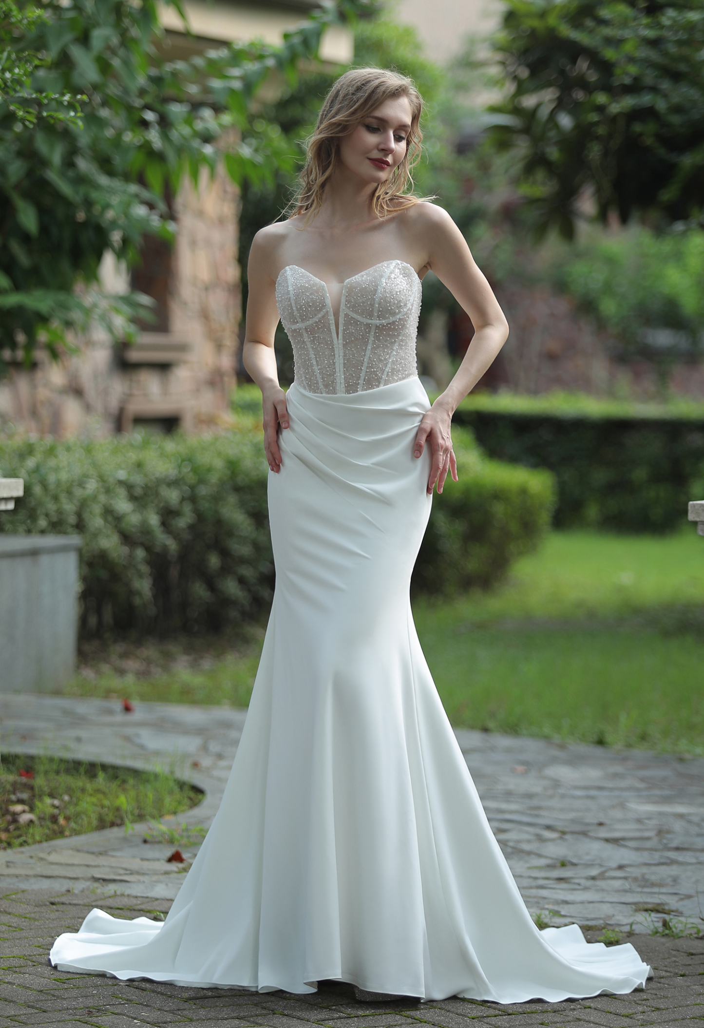 Plunging V-neck Beaded Crepe Fit And Flare Wedding Dress HW3074