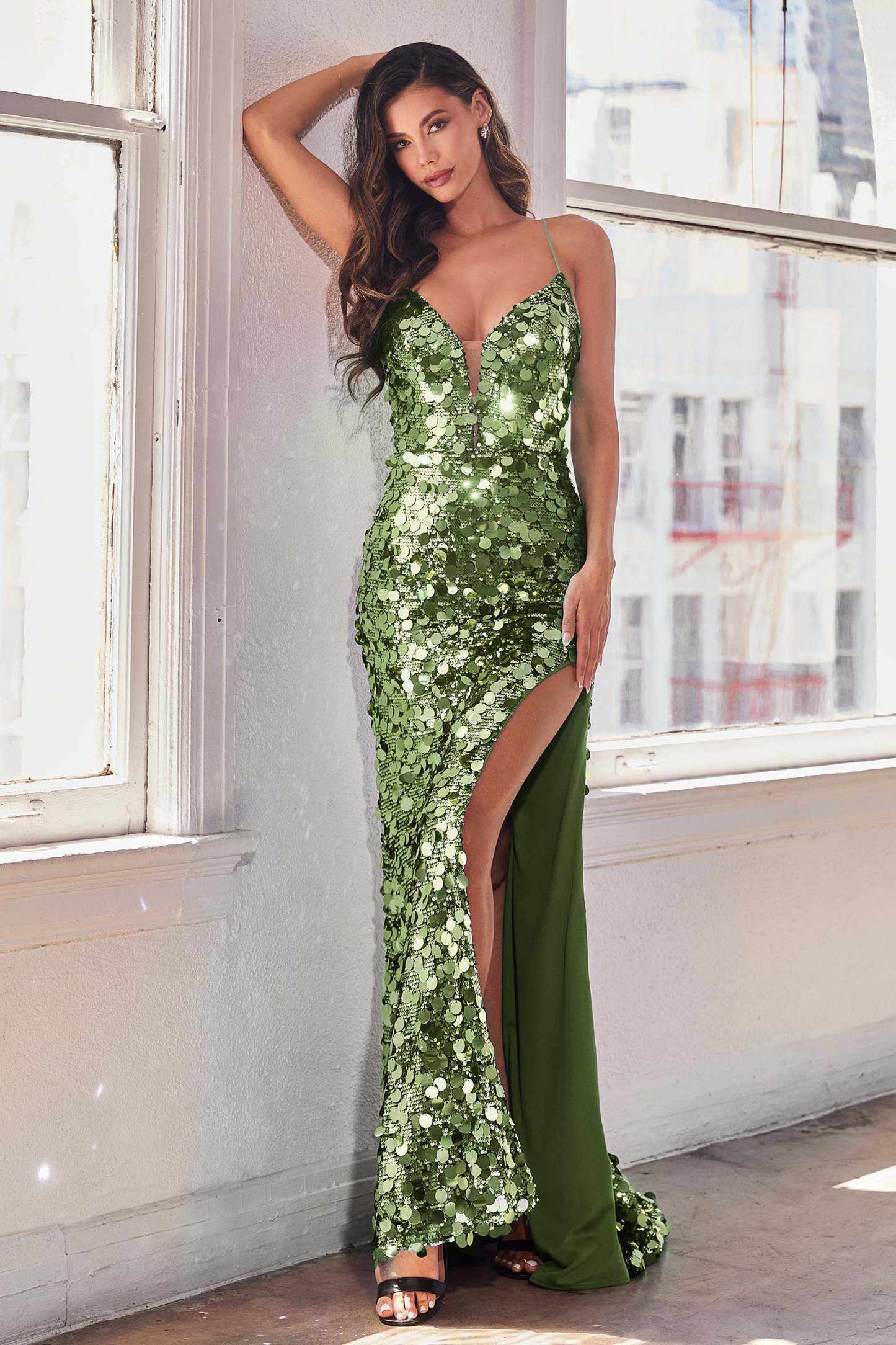 Elegant Fitted V-Neck Straps Paillette Gown #B1141
