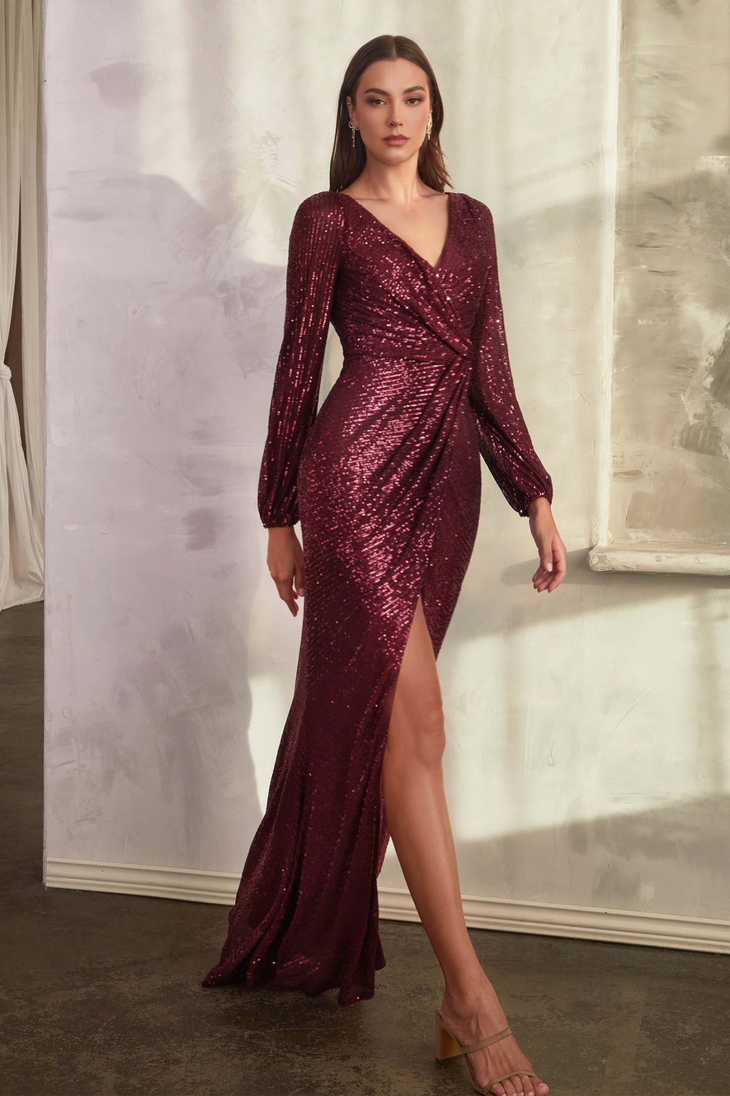 Elegance V-Neck Long Sleeve Sequin Gown #B8422
