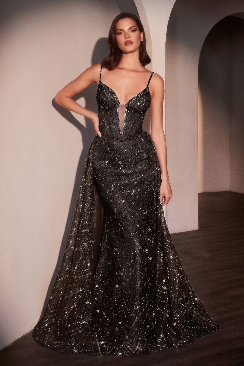 Fitted Plunging V-Neck Glitter Printed Prom Dress With Overskirt C167