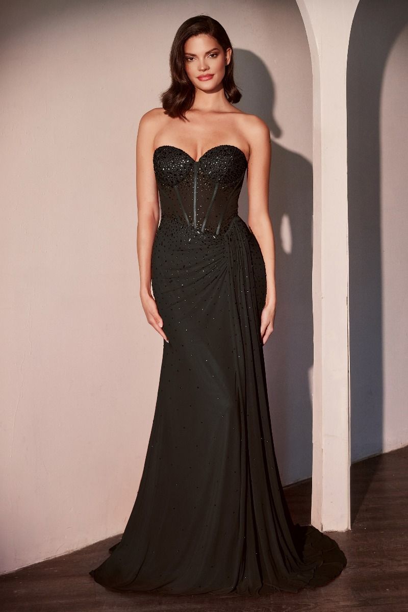 Fitted Strapless Stretch Net Rhinestone Scattered Prom Dress CD770