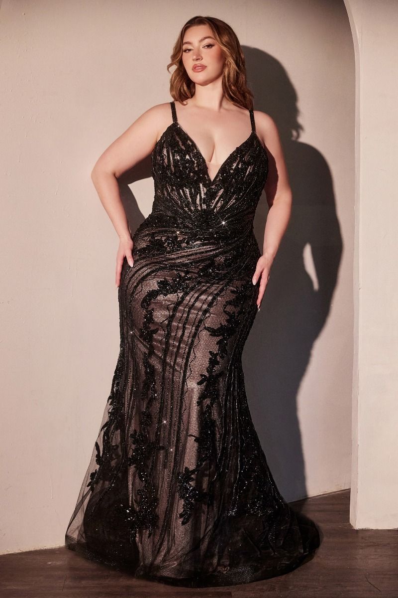 Curve Fitted Plunging V-Neck Thin Straps Embellished Lace Gown CC0389C