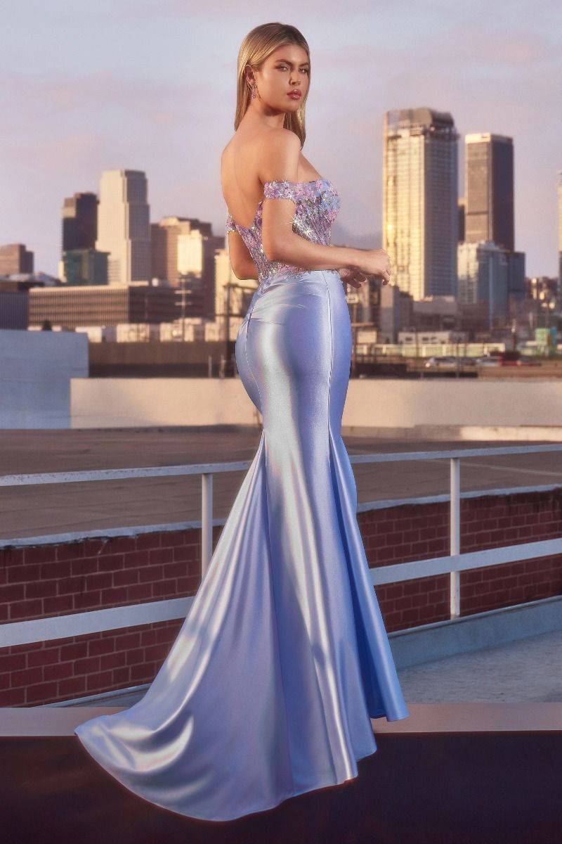 Fitted Off The Shoulder Floral Beaded Satin Prom Dress