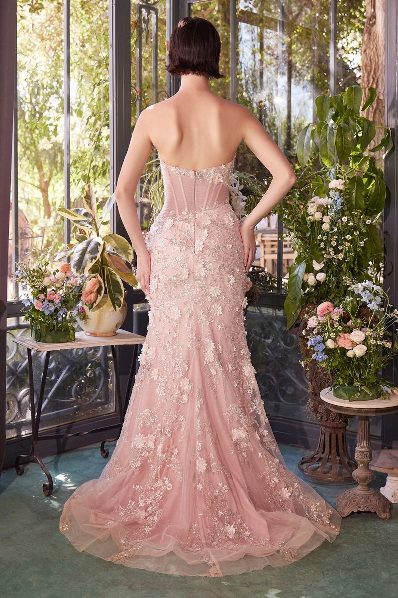 Fitted Sheer Pleated Tulle Embellished Floral Motif Corset Gown