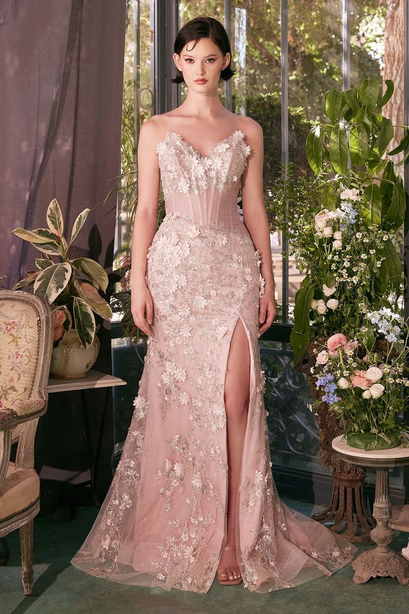 Fitted Sheer Pleated Tulle Embellished Floral Motif Corset Gown
