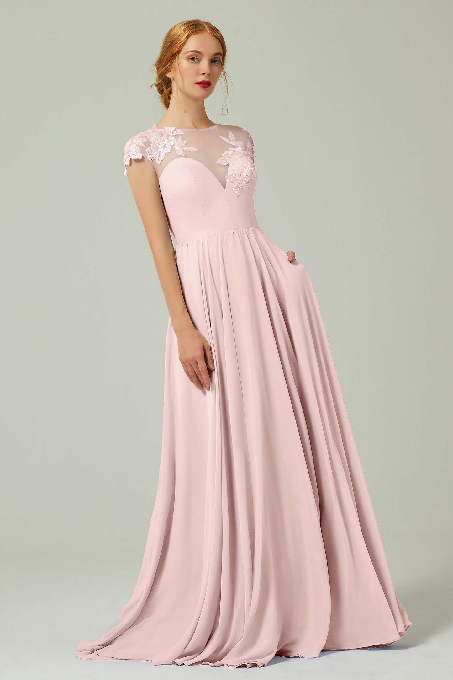 A-Line Sweep-Brush-Train Chiffon Bridesmaid Dress CB0248