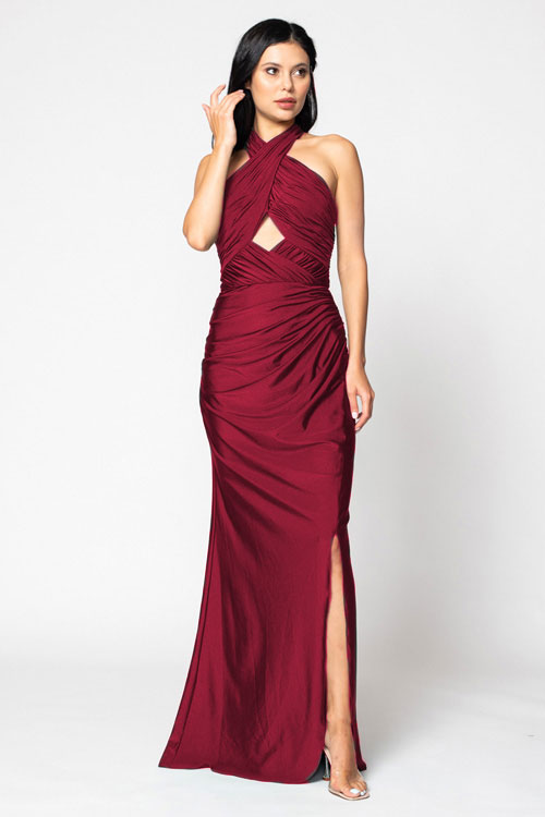 BARI JAY STYLE 2206 Halter Pleated Criss-Cross Bridesmaid Dress With Keyhole