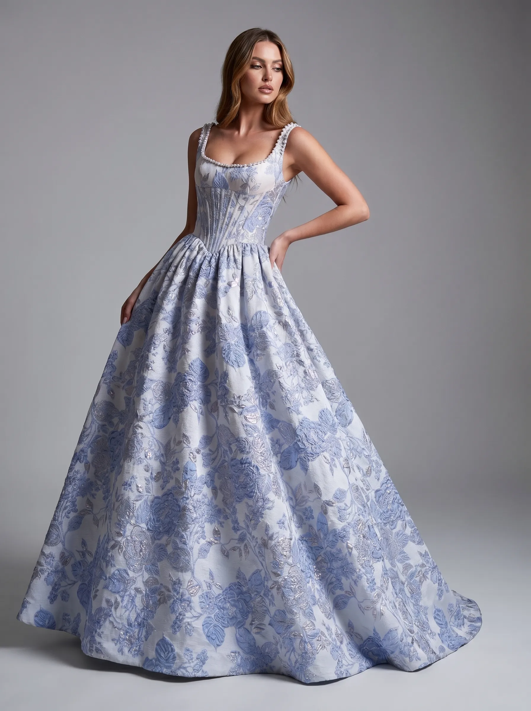 Brocade Ball Gown Prom Dress | Strapless Corset Bodice with Pearl Embellishments #3716  