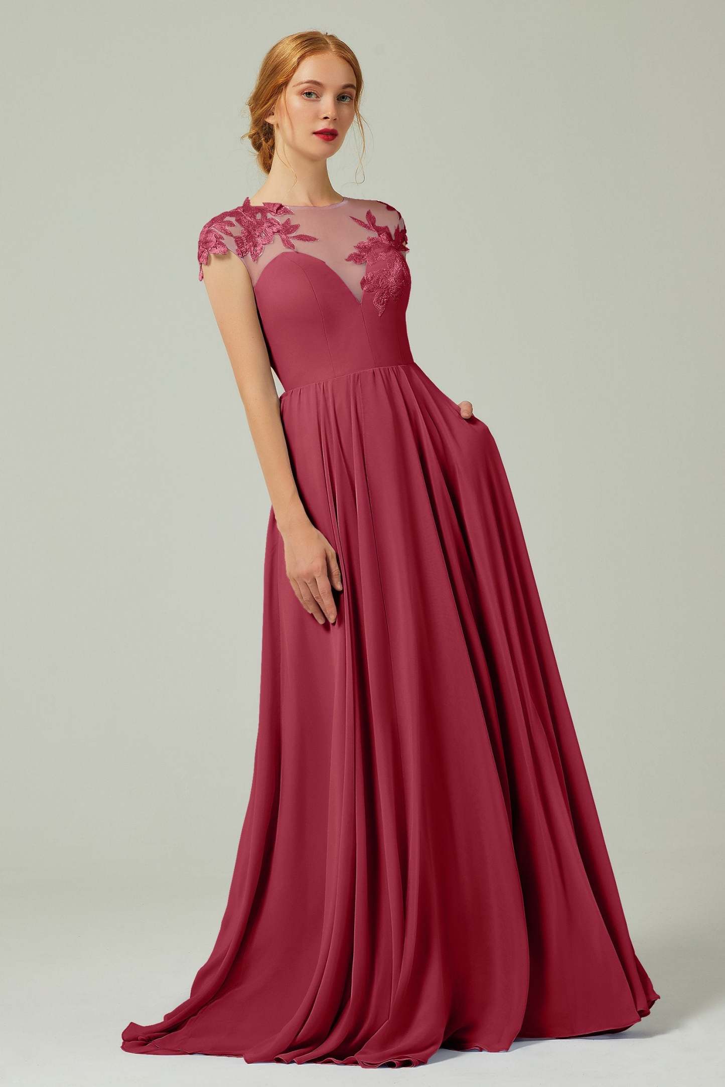 A-Line Sweep-Brush-Train Chiffon Bridesmaid Dress CB0248