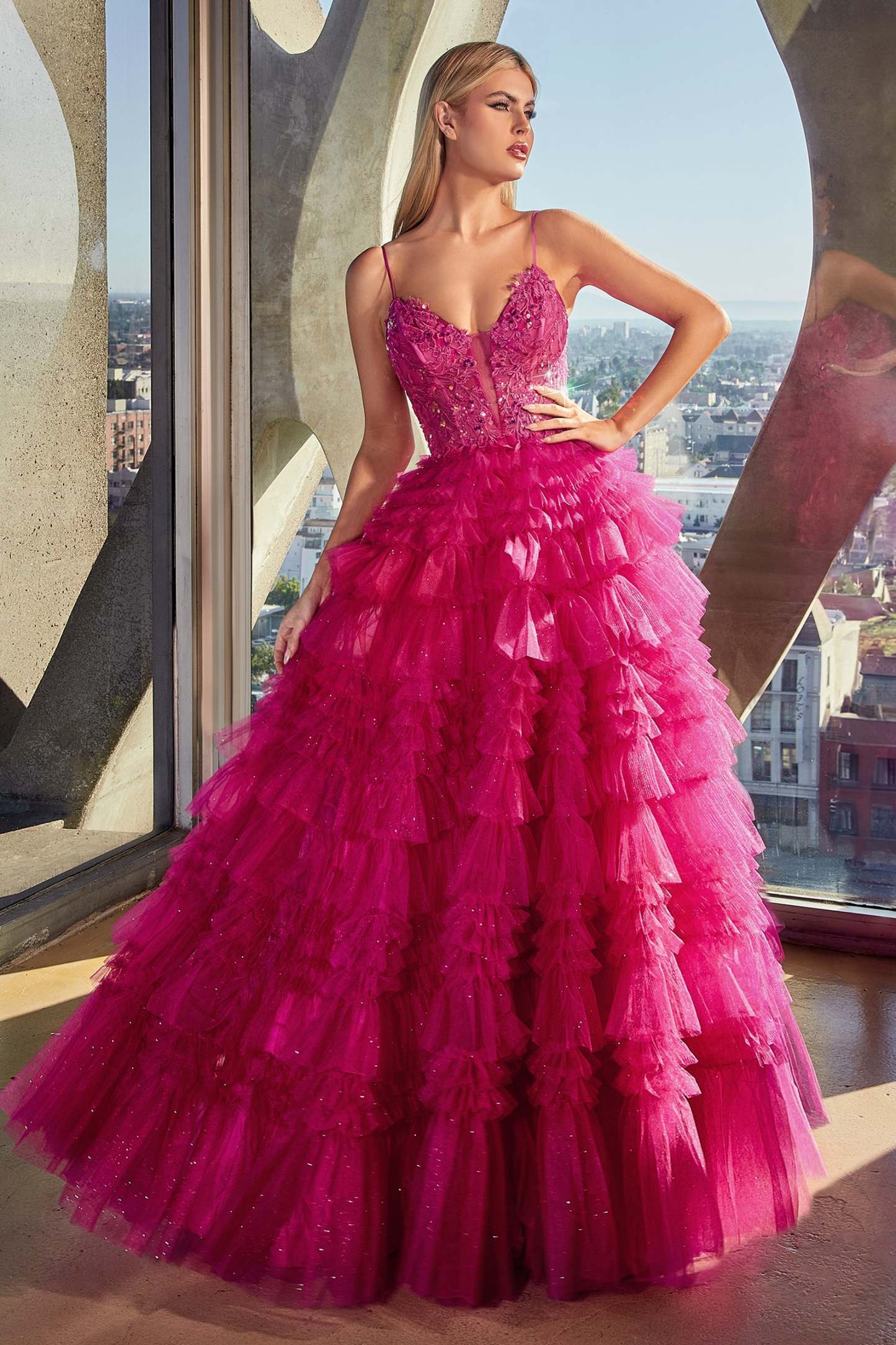 Lace Appliqued Bodice Layered Ruffle Ball Gown #C152