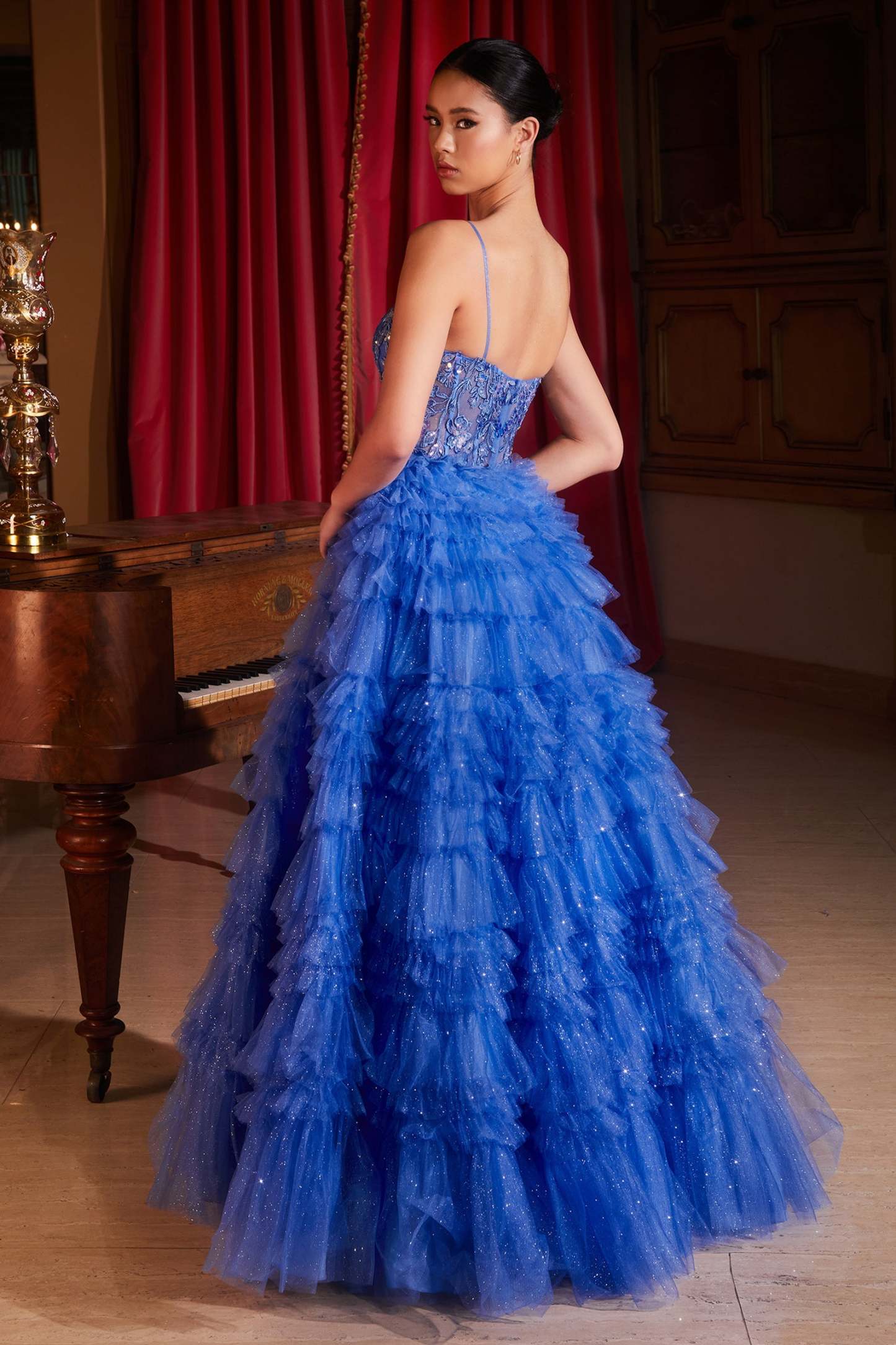 Lace Appliqued Bodice Layered Ruffle Ball Gown #C152