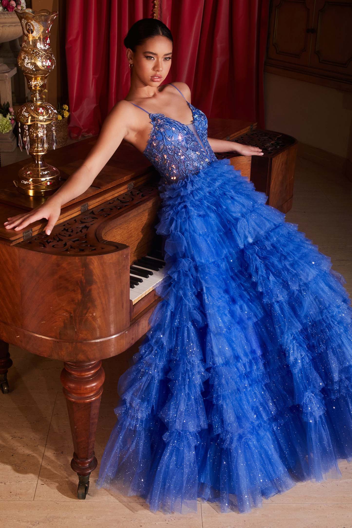 Lace Appliqued Bodice Layered Ruffle Ball Gown #C152