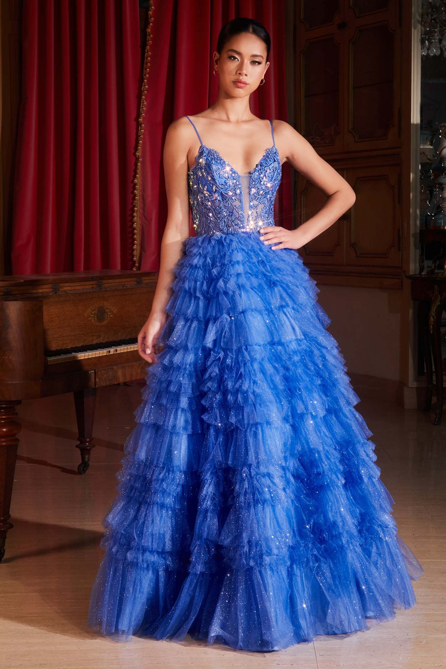 Lace Appliqued Bodice Layered Ruffle Ball Gown #C152