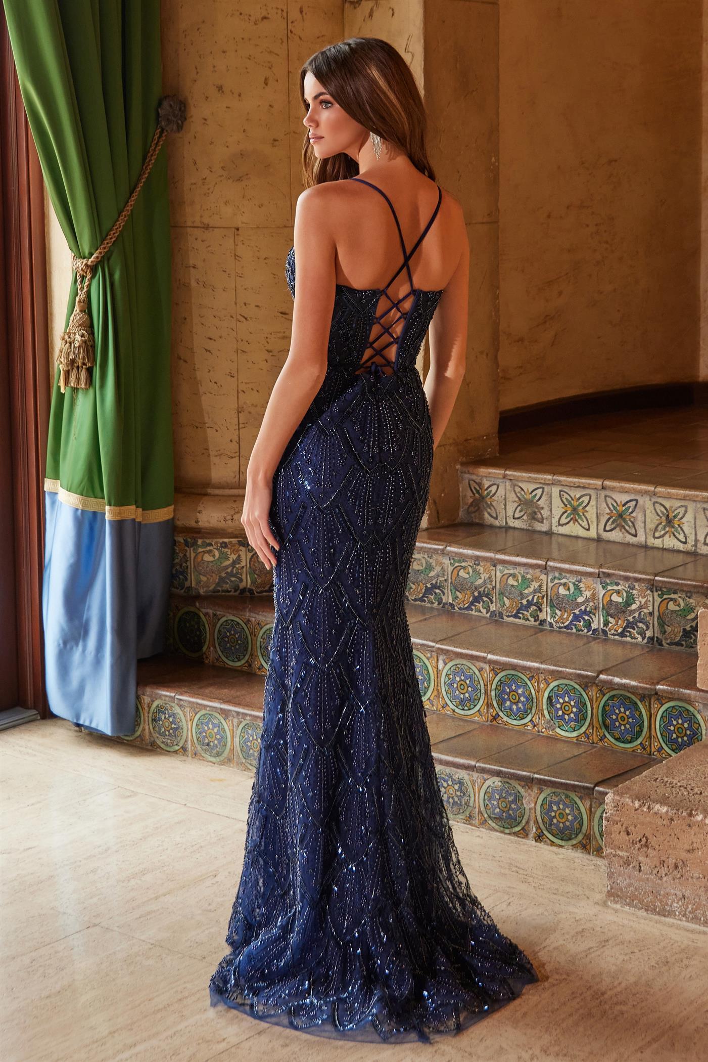 LONG TULLE LACE-UP BACK MATERIAL FULLY BEADED C1616