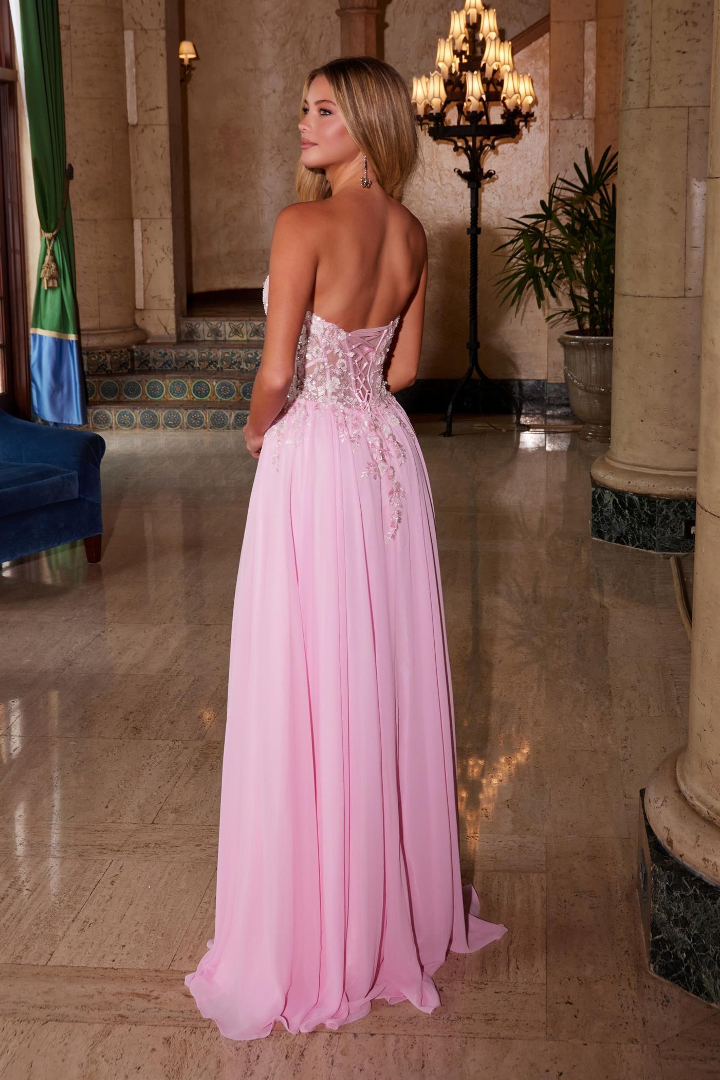 CHIFFON FLOWY SKIRT BONED WAISTLINE ADORNED WITH INTRICATE FLOWER APPLIQUE C1617