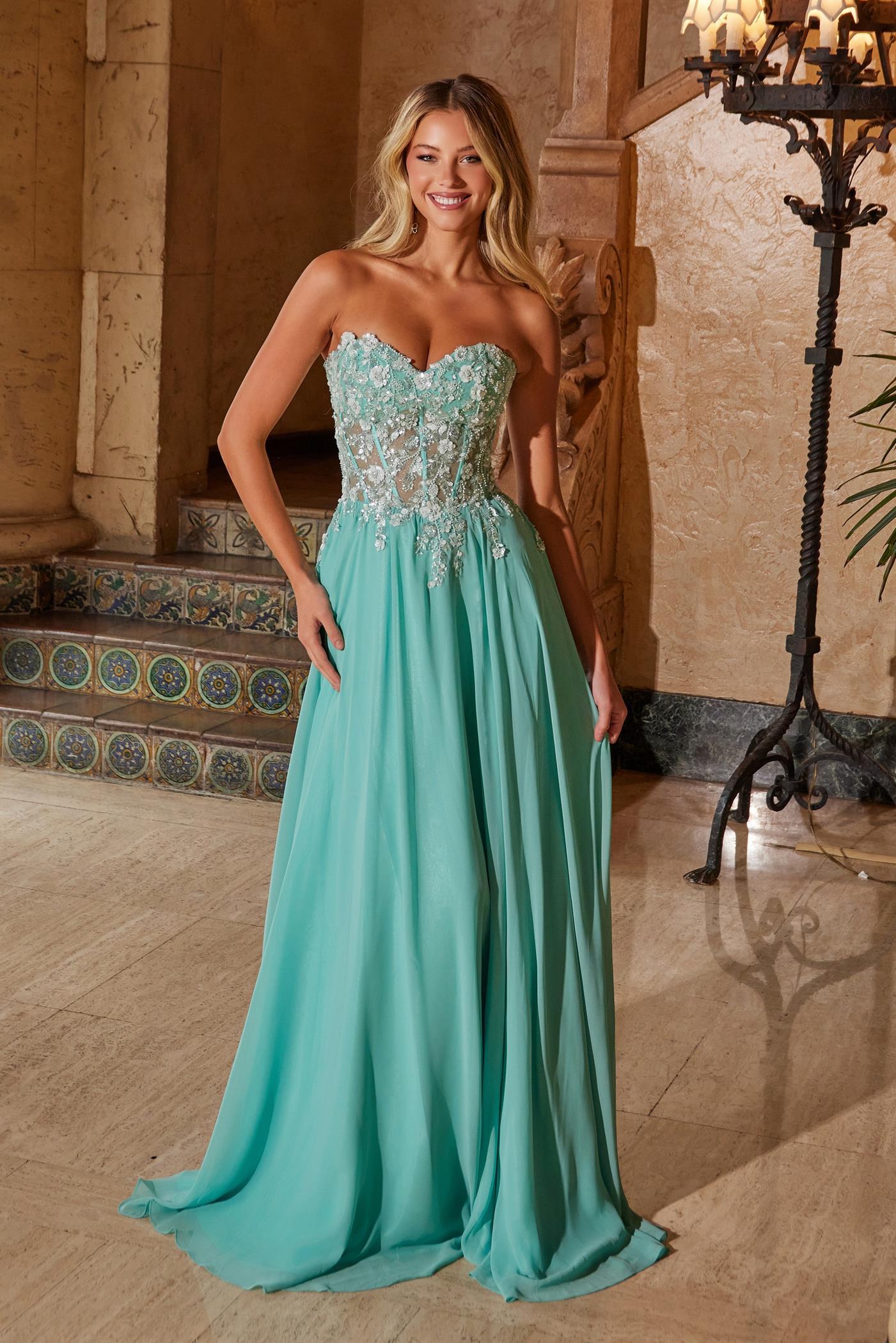 CHIFFON FLOWY SKIRT BONED WAISTLINE ADORNED WITH INTRICATE FLOWER APPLIQUE C1617