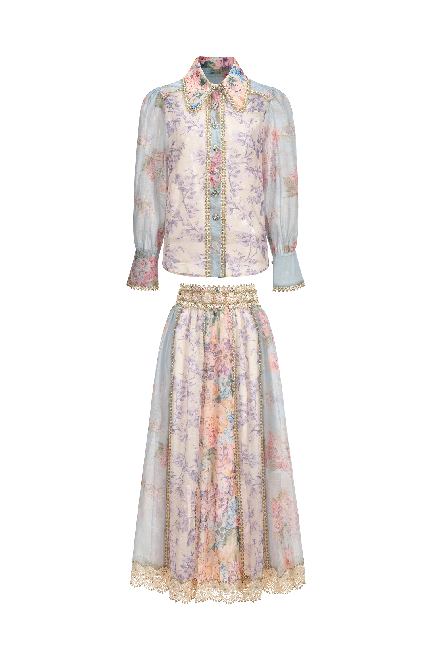 Ruby Long Sleeve Floral Printed Lace Top And Skirt Two-Piece Set