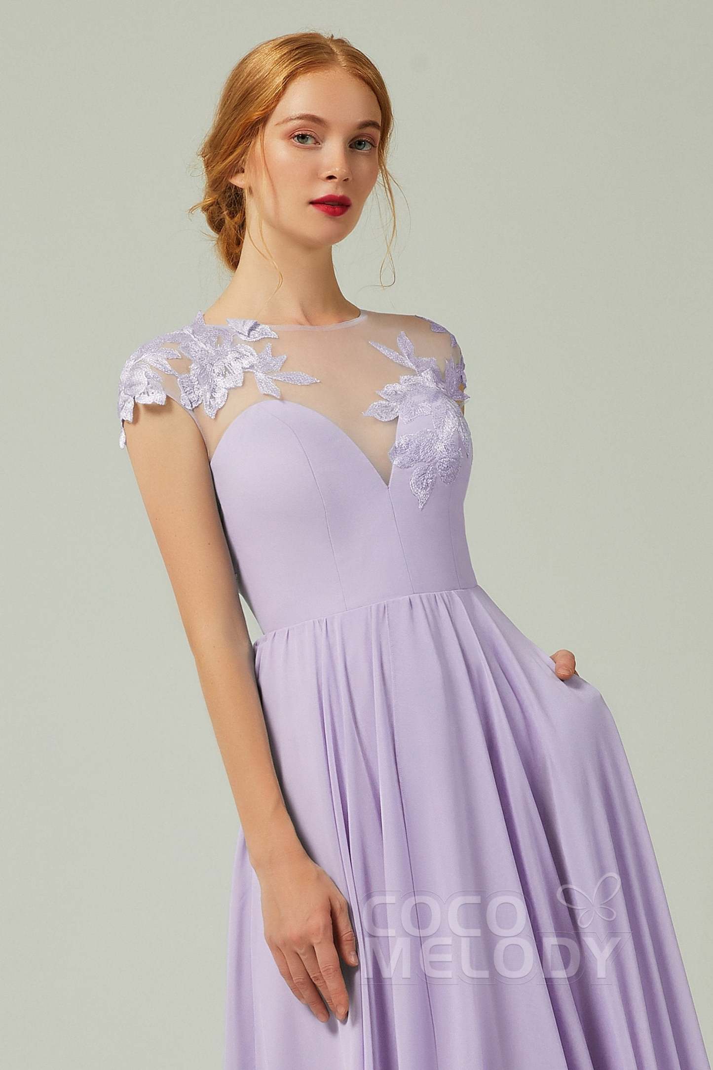 A-Line Sweep-Brush-Train Chiffon Bridesmaid Dress CB0248