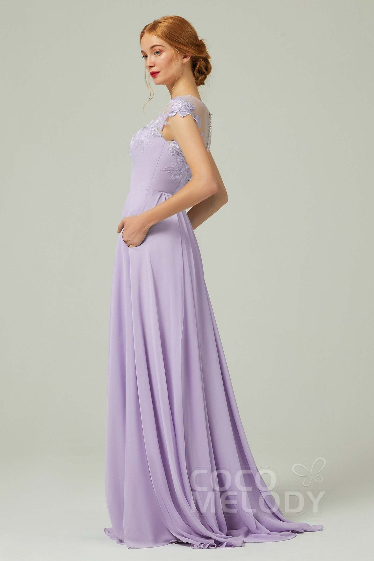 A-Line Sweep-Brush-Train Chiffon Bridesmaid Dress CB0248
