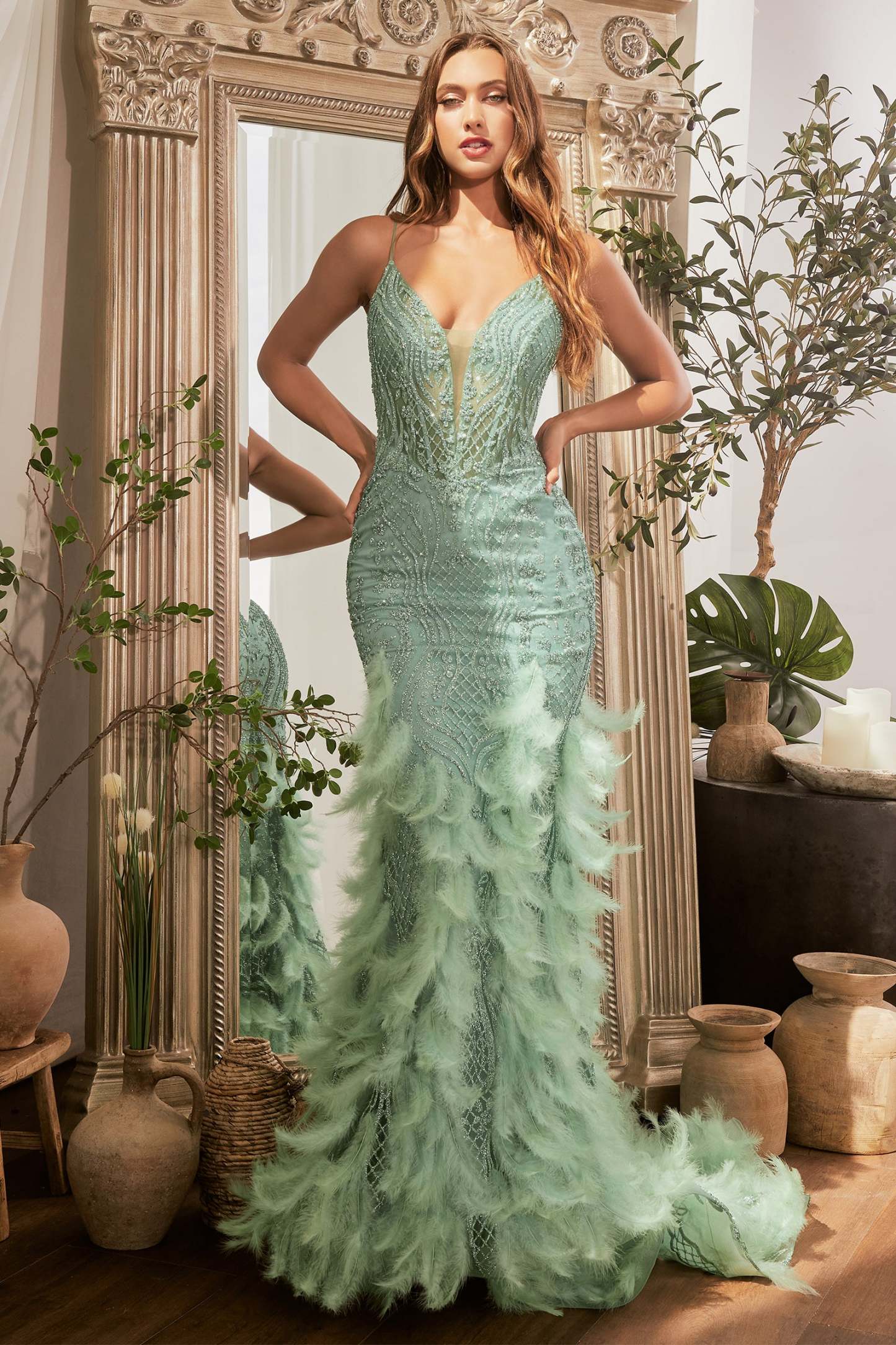 Gorgeous Straps Plunging Neckline Feather Mermaid Gown #CC1608