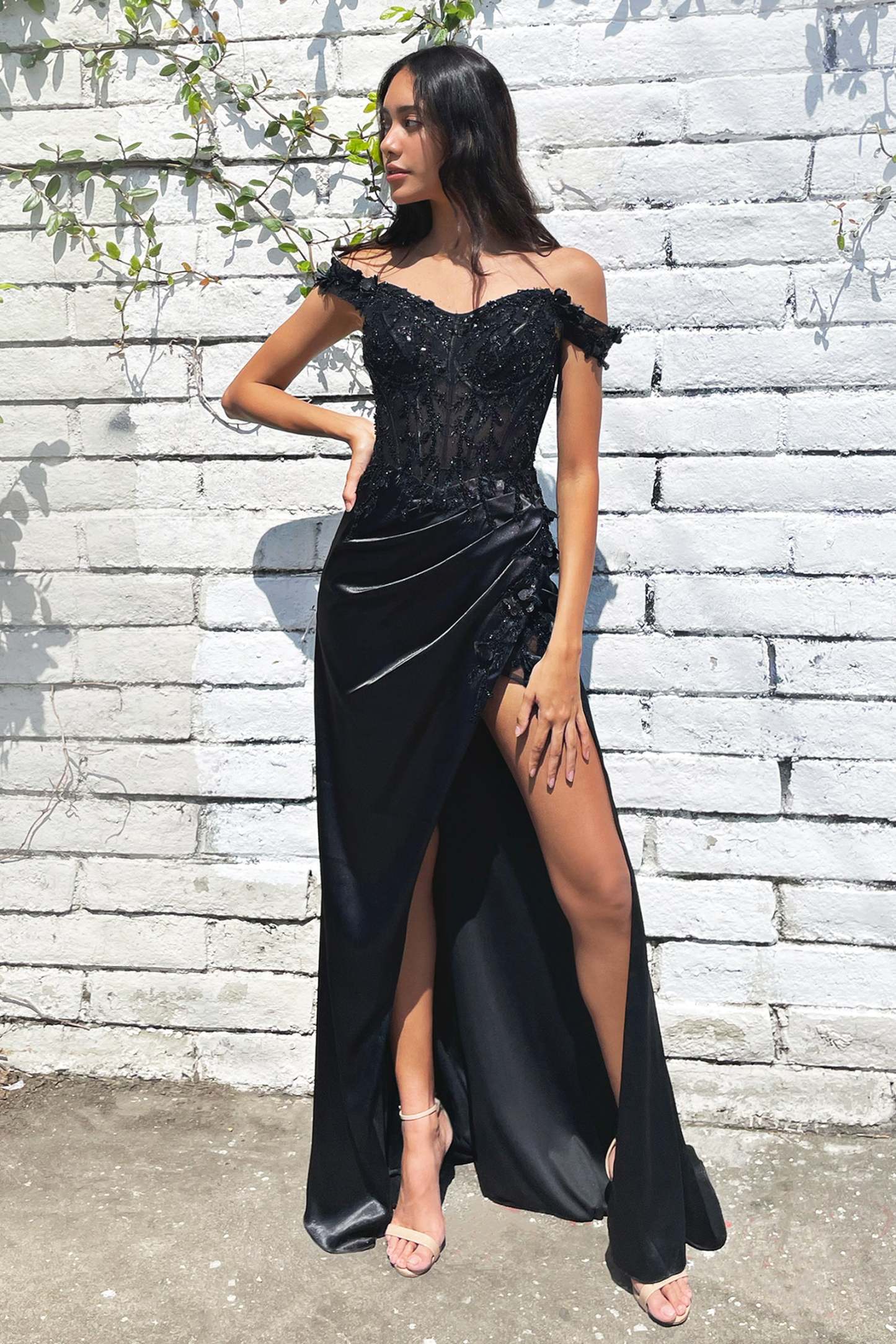 Gorgeous Fitted Off The Shoulder Floral Appliques Evening Gown #CD0186