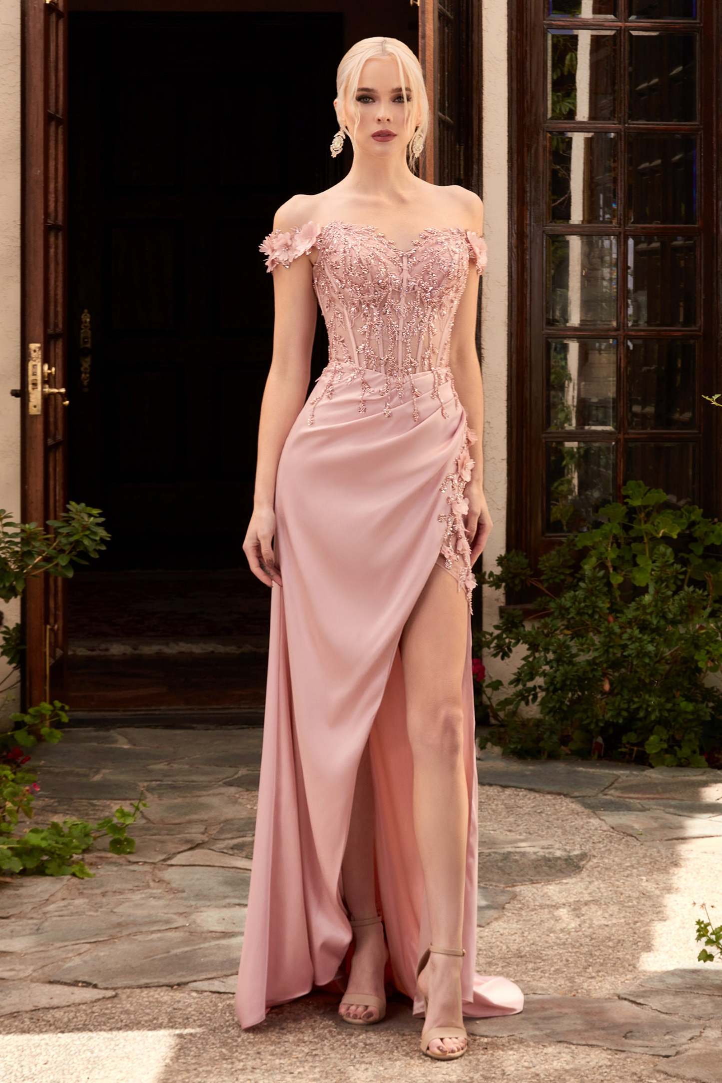 Gorgeous Fitted Off The Shoulder Floral Appliques Evening Gown #CD0186