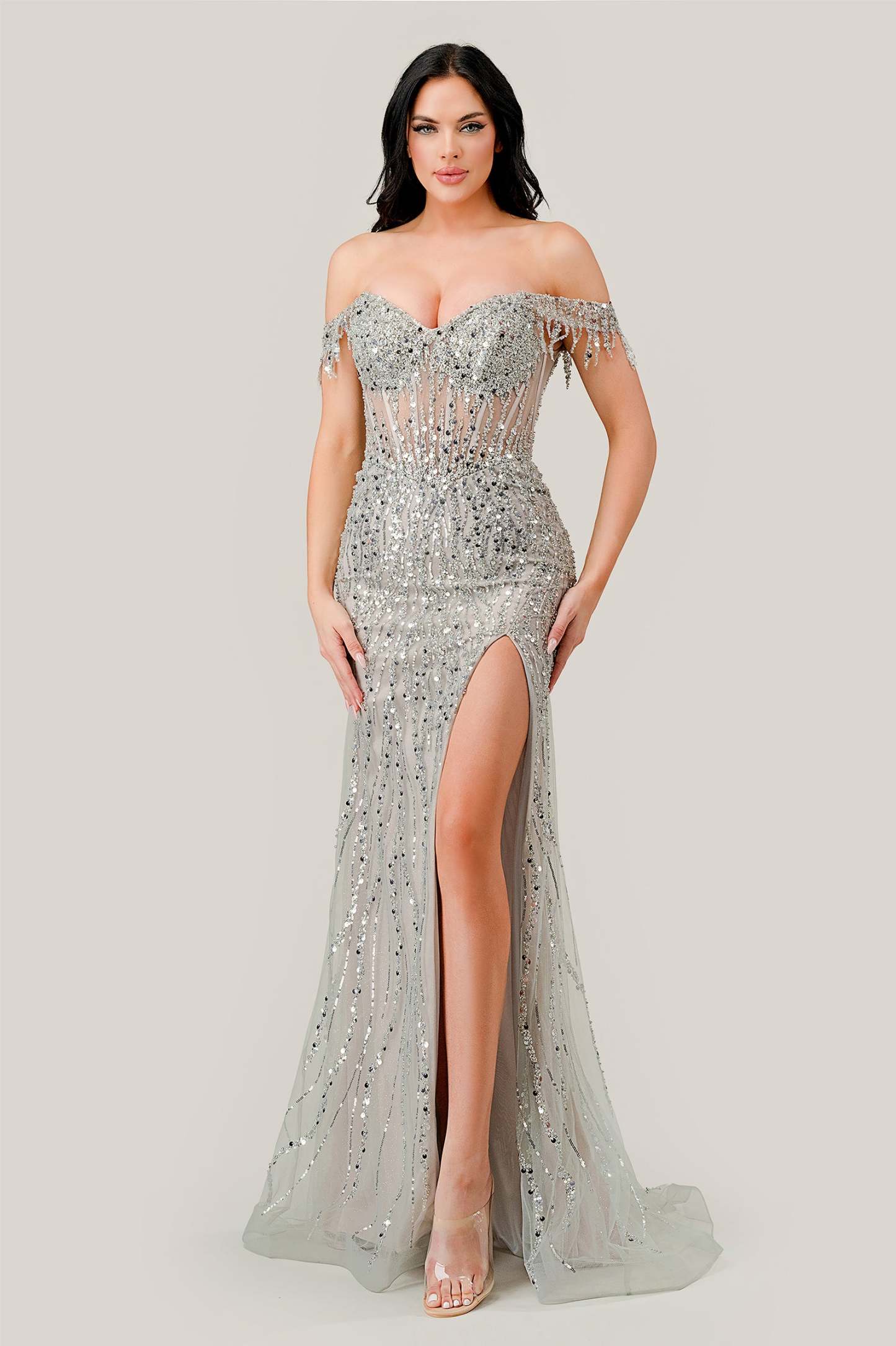 Off The Shoulder Sequin Straps Gown #CD0203