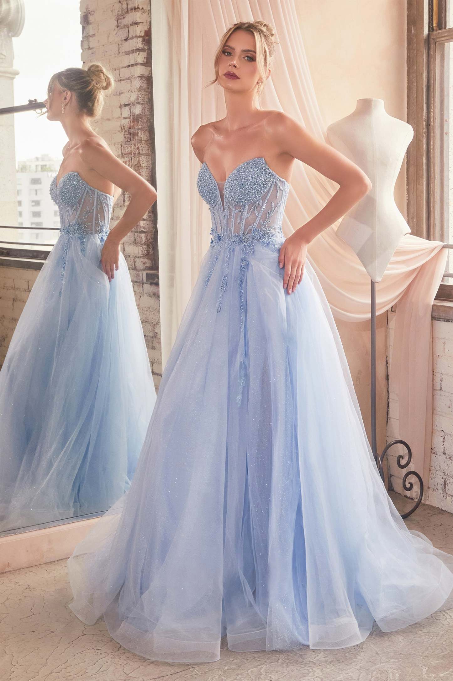 Glamorous A-Line Plunging Neckline Beaded Tulle Ball Gown #CD0230