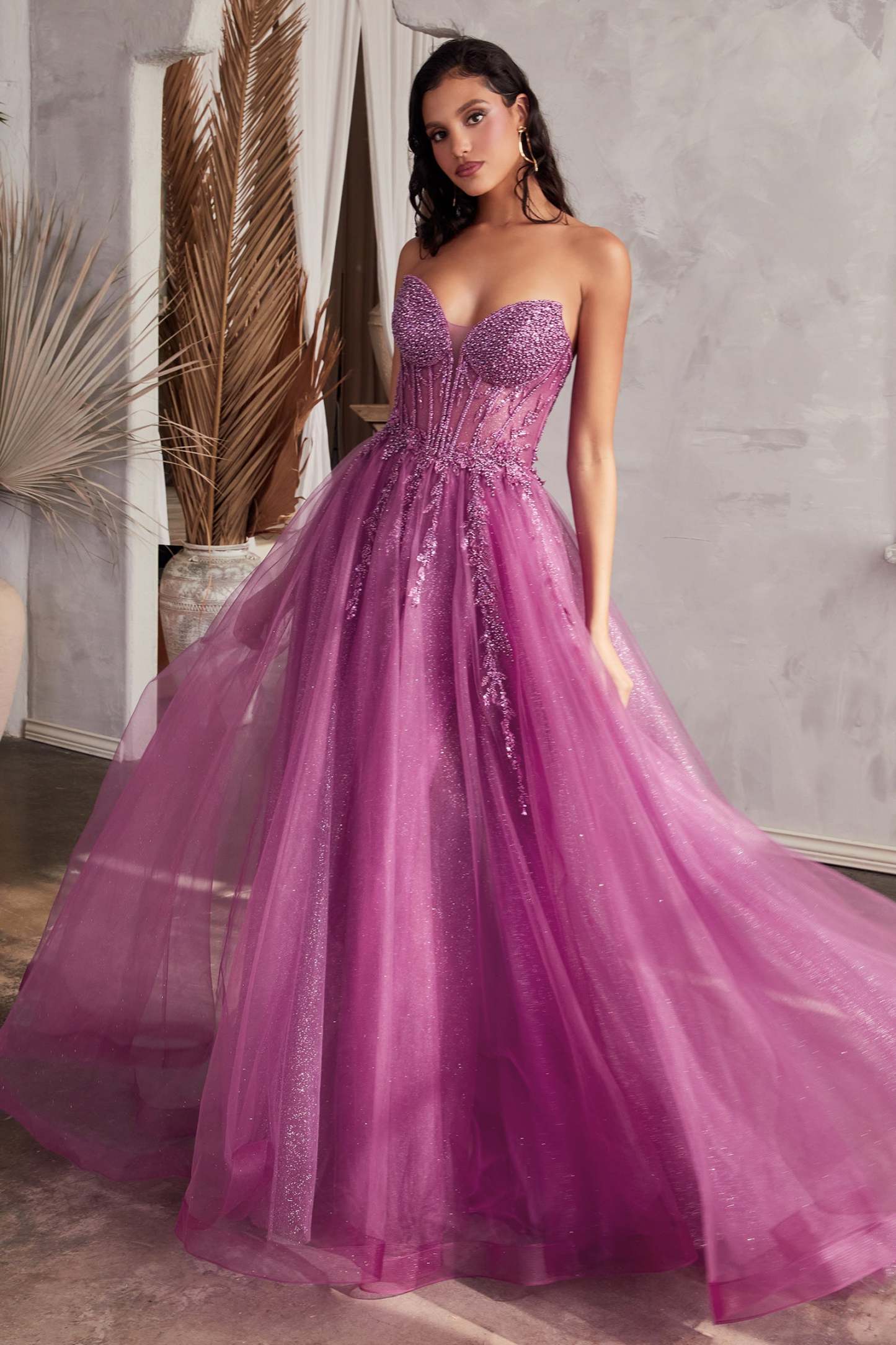 Glamorous A-Line Plunging Neckline Beaded Tulle Ball Gown #CD0230