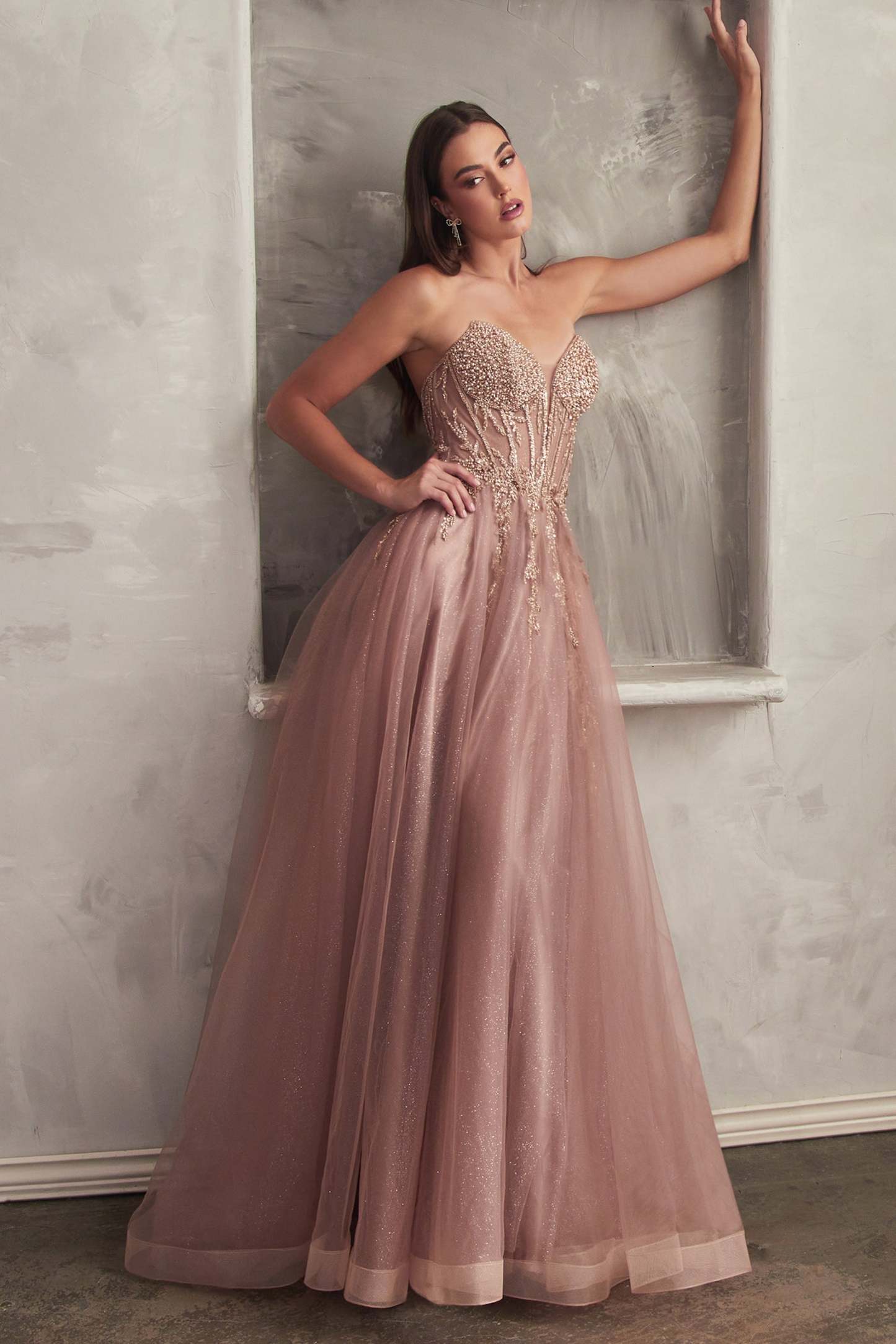 Glamorous A-Line Plunging Neckline Beaded Tulle Ball Gown #CD0230