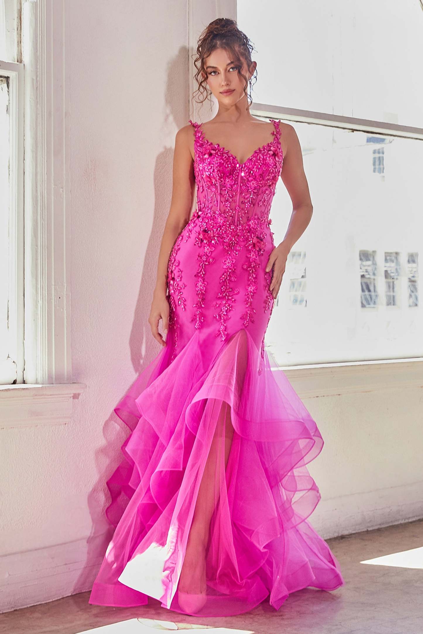 Mermaid Full-Layered Trumpet Strapless Lace Applique Straps Gown #CD331
