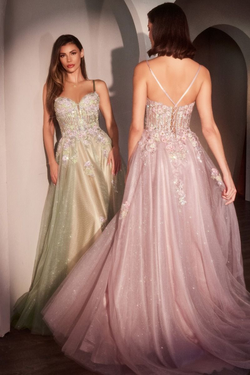 A-Line Deep V-neck Layered Floral Glitter Tulle Prom Dress CD740