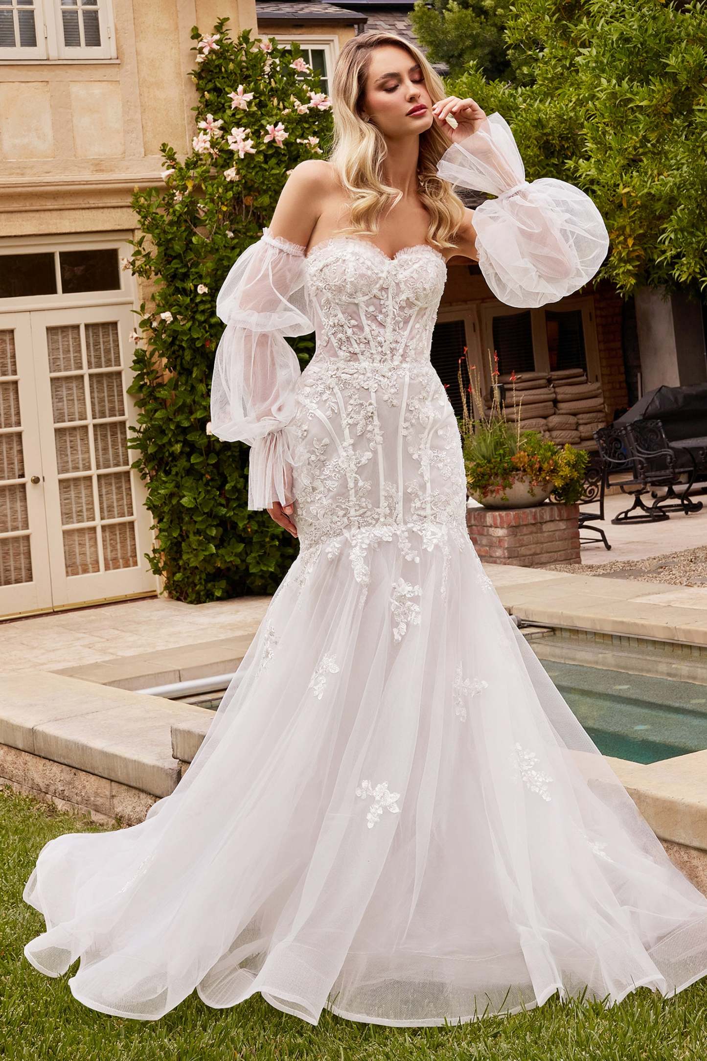 Mermaid Strapless Organza Lace Applique Wedding Dress #CD858W