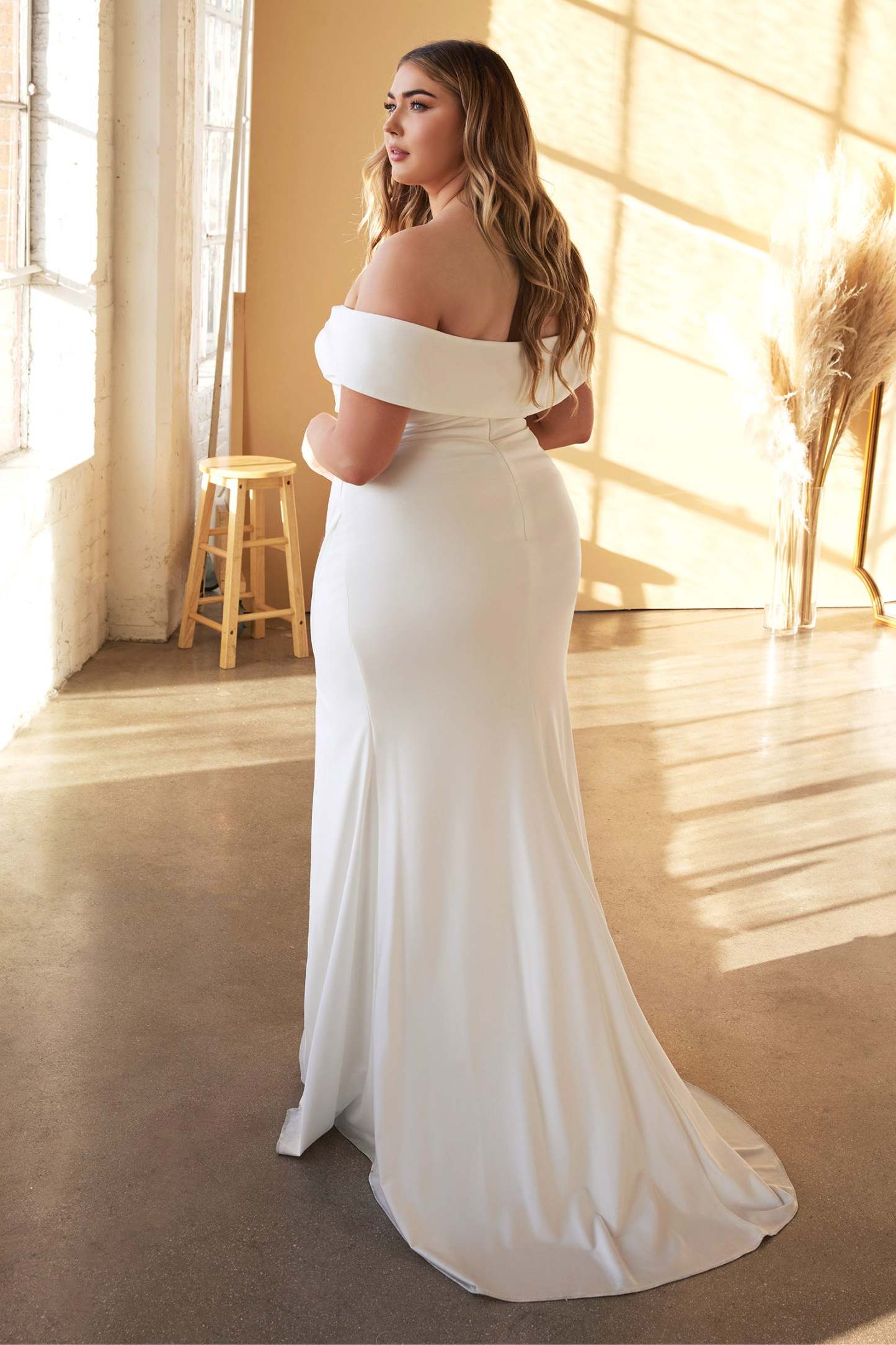 Curve Fitted Off The Shoulder Straps Stretch Satin Bridal Gown #CD930C
