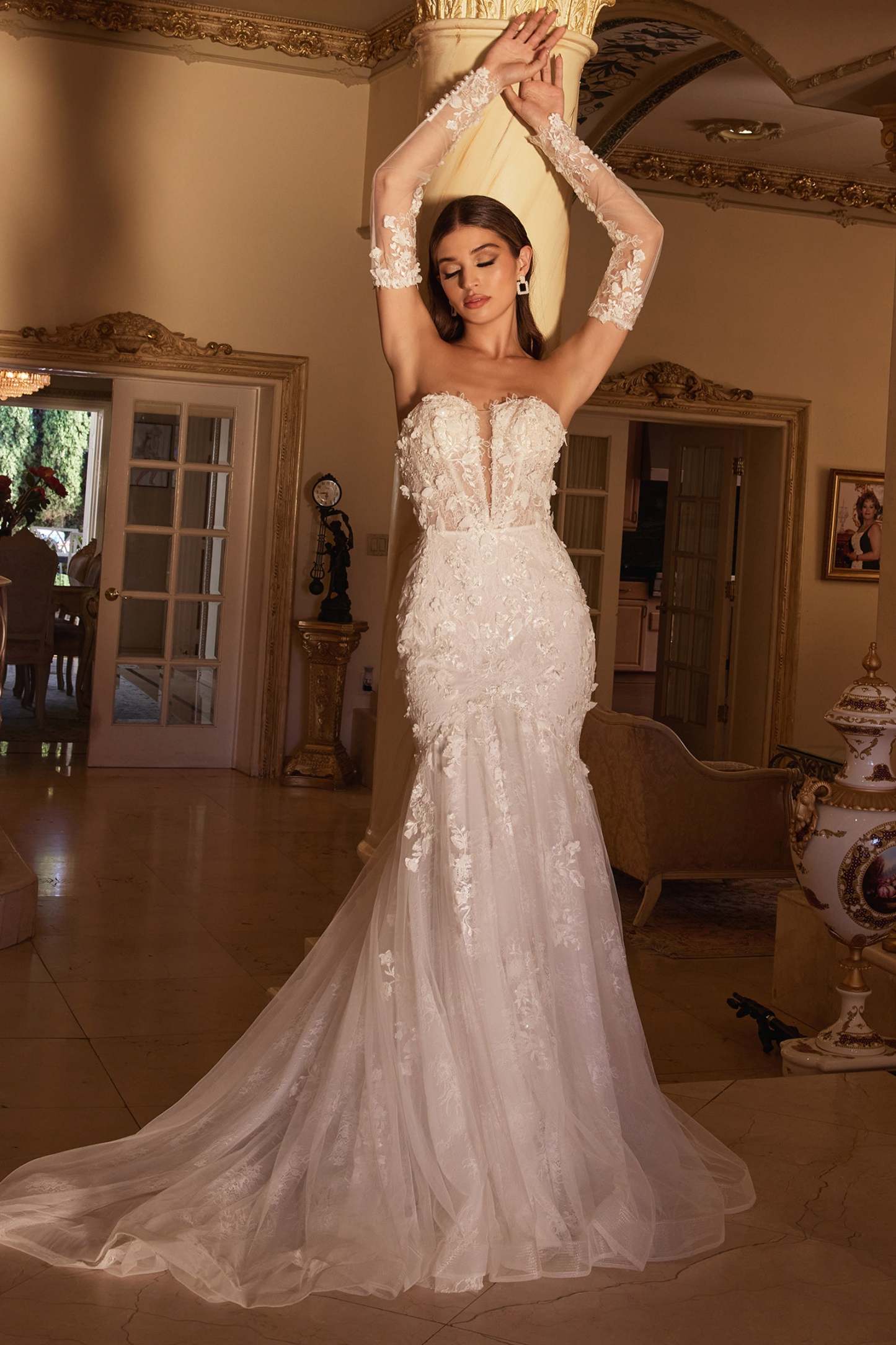 Breathtaking Strapless Plunging V-Neck Long Sleeve Lace Bridal Gown #CD977W