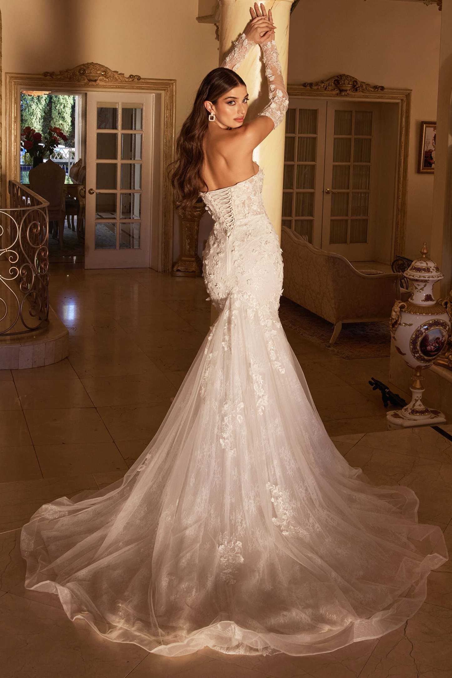 Breathtaking Strapless Plunging V-Neck Long Sleeve Lace Bridal Gown #CD977W