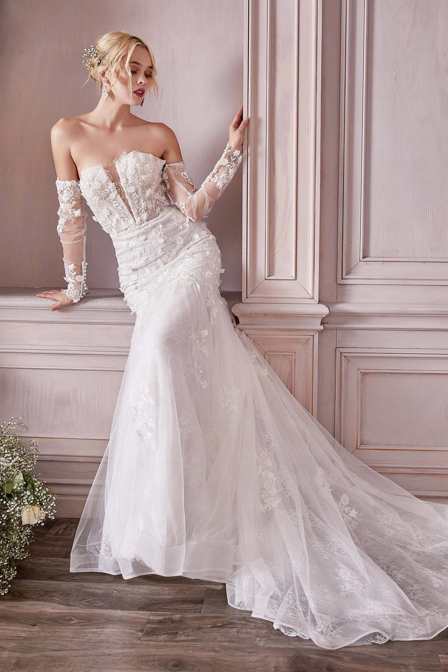 Breathtaking Strapless Plunging V-Neck Long Sleeve Lace Bridal Gown #CD977W