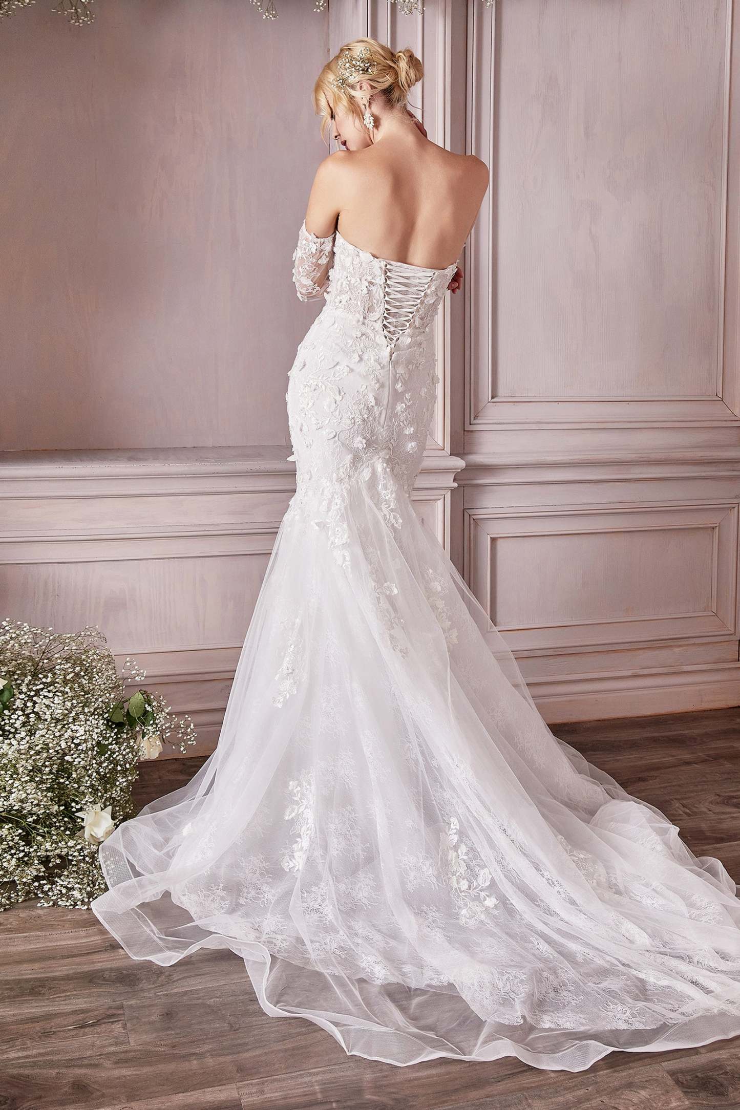 Breathtaking Strapless Plunging V-Neck Long Sleeve Lace Bridal Gown #CD977W