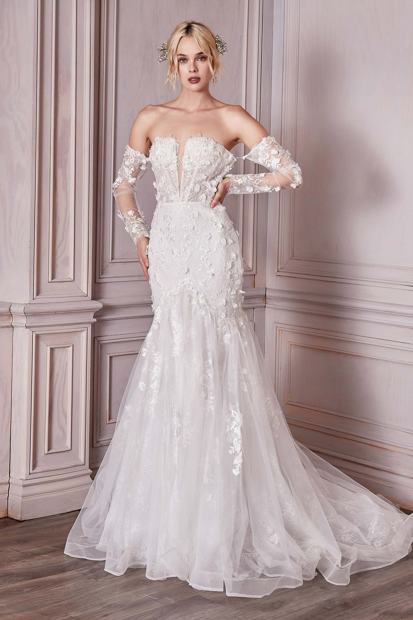 Breathtaking Strapless Plunging V-Neck Long Sleeve Lace Bridal Gown #CD977W