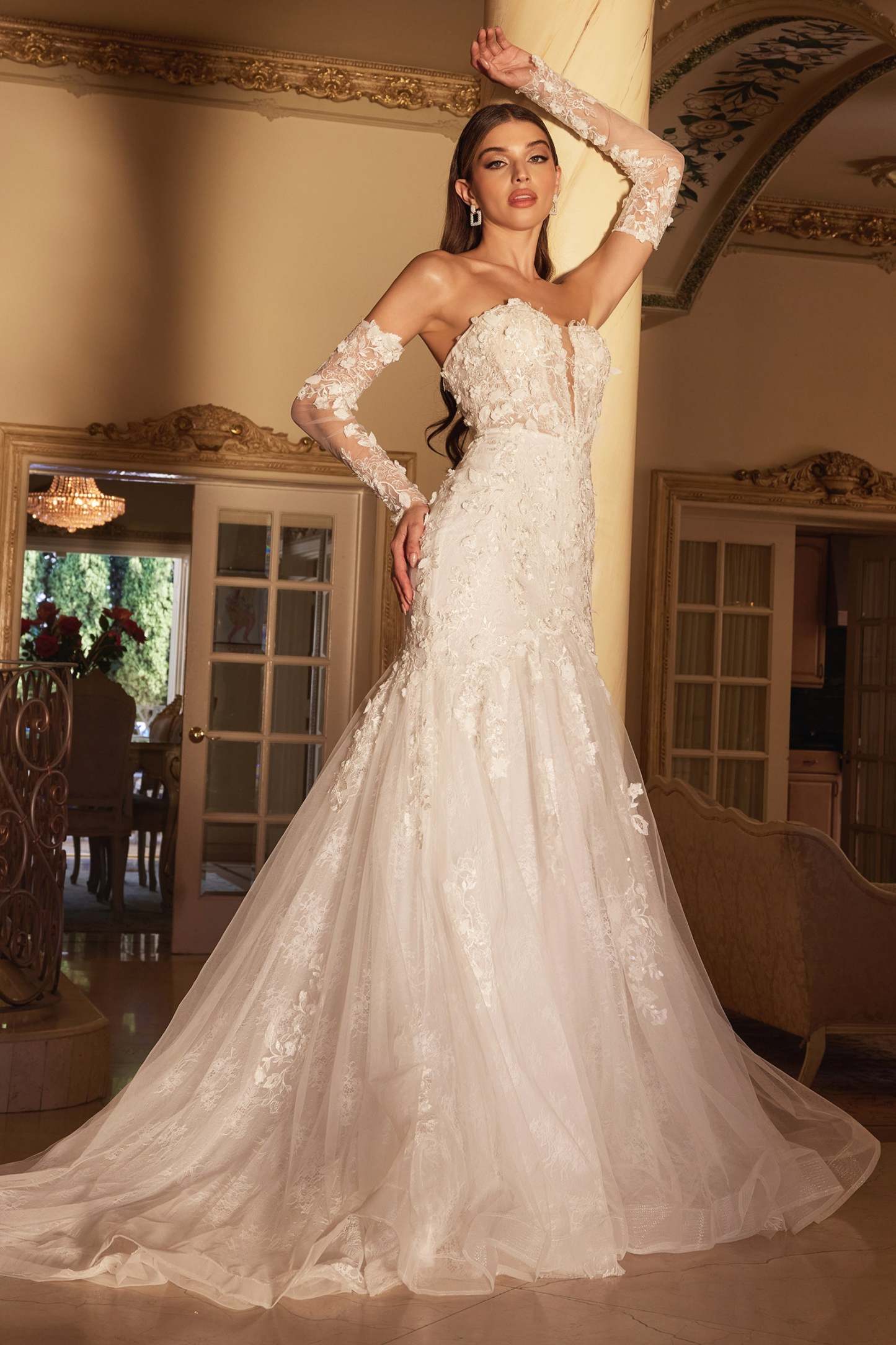 Breathtaking Strapless Plunging V-Neck Long Sleeve Lace Bridal Gown #CD977W